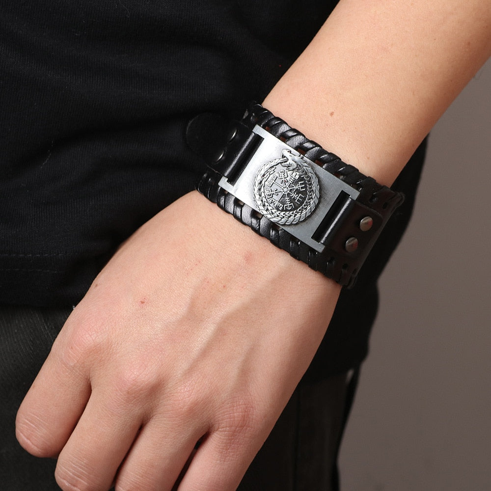 Ouroboros Viking Wide Leather Bracelet