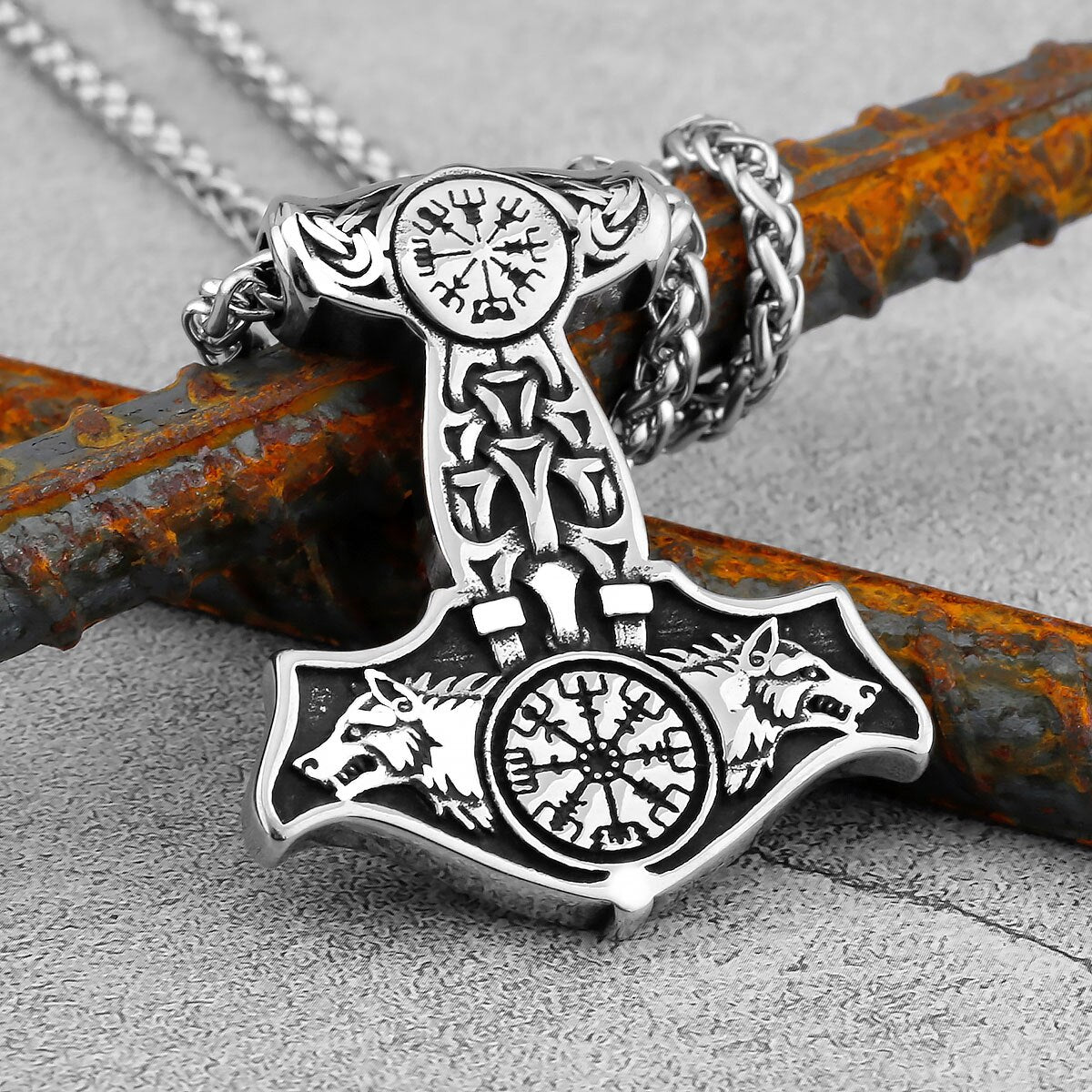 Double Wolf Thor Hammer Necklace