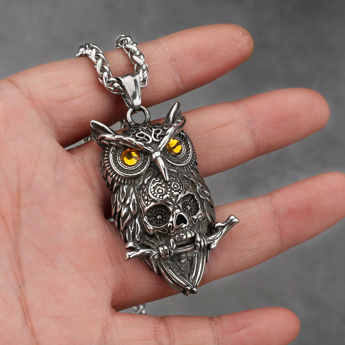 Gothic Owl Skull Pendant Necklace
